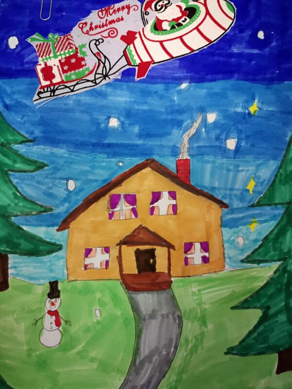 Zdjęcie przedstawia składaną kartę do Mikołaja, obrazek z domkiem, bałwankiem po lewej stronie, lecącym pojazdem Mikołaja